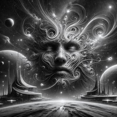 The primary subject of the image is a face with a flowing mane, which appears to be a digital art or illustration. The face is surrounded by a surreal and fantastical environment, with a backdrop of a planet and a space station. The visual style of the image is a combination of digital art and illustration, creating a unique and intriguing atmosphere. The colors and mood of the image are predominantly dark and mysterious, with the flowing mane adding a touch of whimsy and cre